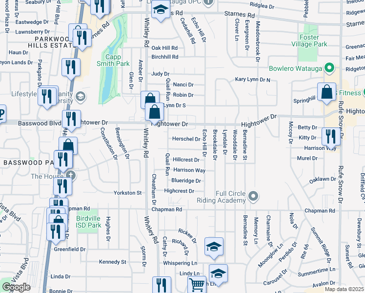 map of restaurants, bars, coffee shops, grocery stores, and more near 6021 Ridgecrest Drive in Watauga