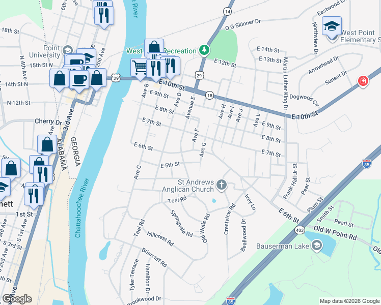 map of restaurants, bars, coffee shops, grocery stores, and more near 518 East 6th Street in West Point