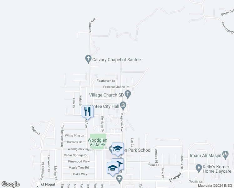 map of restaurants, bars, coffee shops, grocery stores, and more near 10760 North Magnolia Avenue in Santee