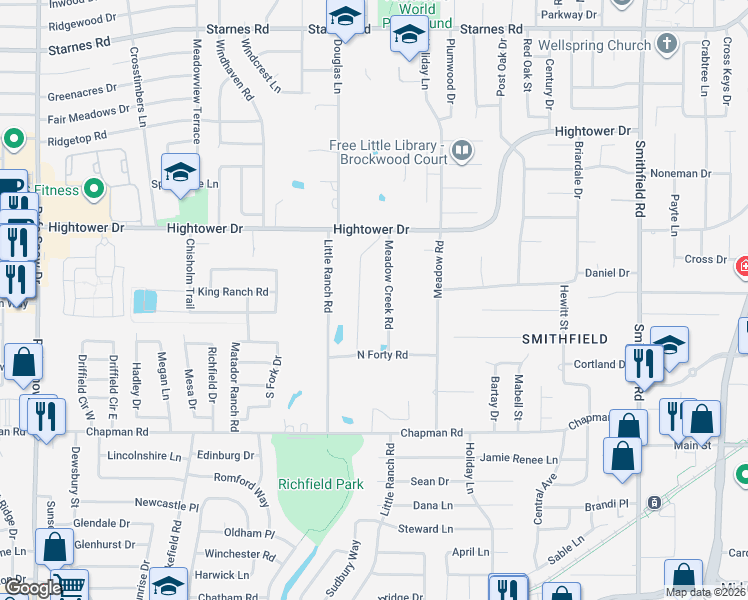 map of restaurants, bars, coffee shops, grocery stores, and more near 6825 Meadow Creek Rd in North Richland Hills