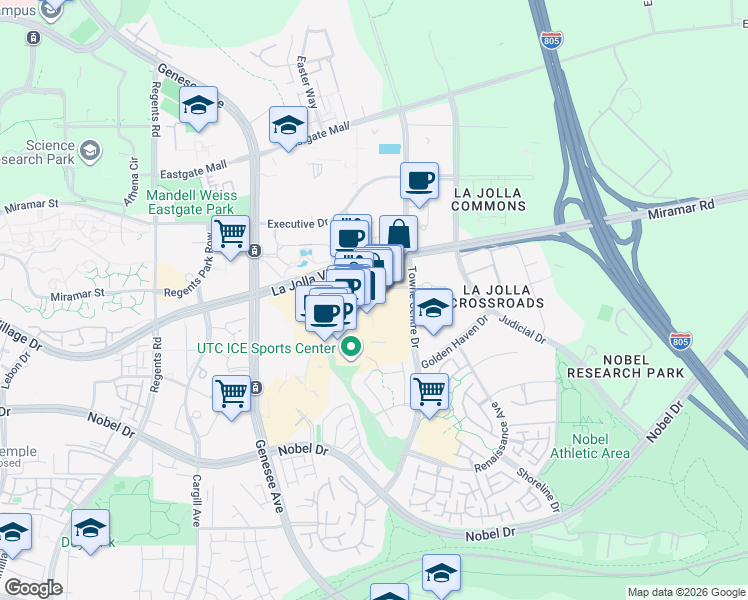 map of restaurants, bars, coffee shops, grocery stores, and more near 4577 La Jolla Village Dr in San Diego