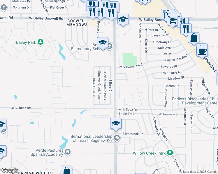 map of restaurants, bars, coffee shops, grocery stores, and more near 8325 3 Bars Drive in Fort Worth