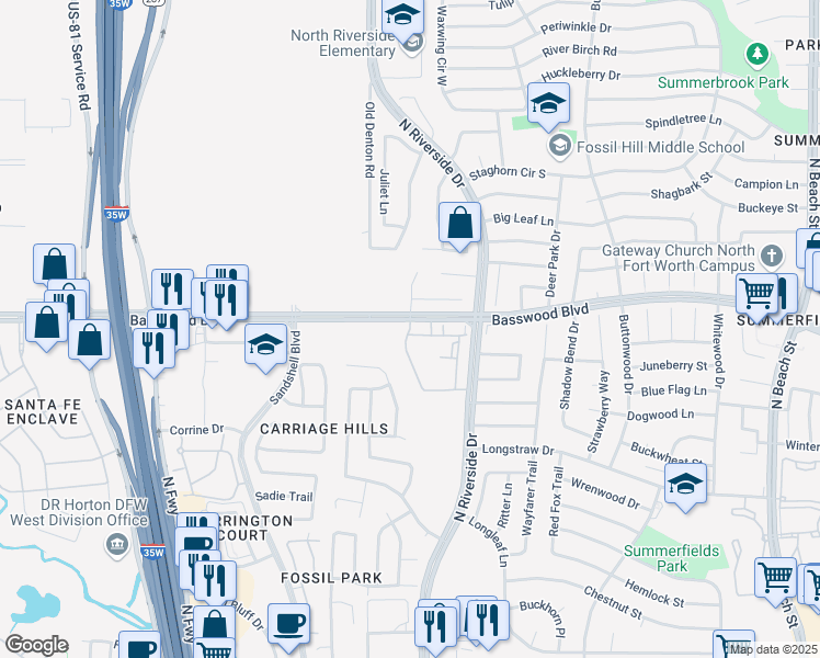 map of restaurants, bars, coffee shops, grocery stores, and more near Cascade Court in Fort Worth