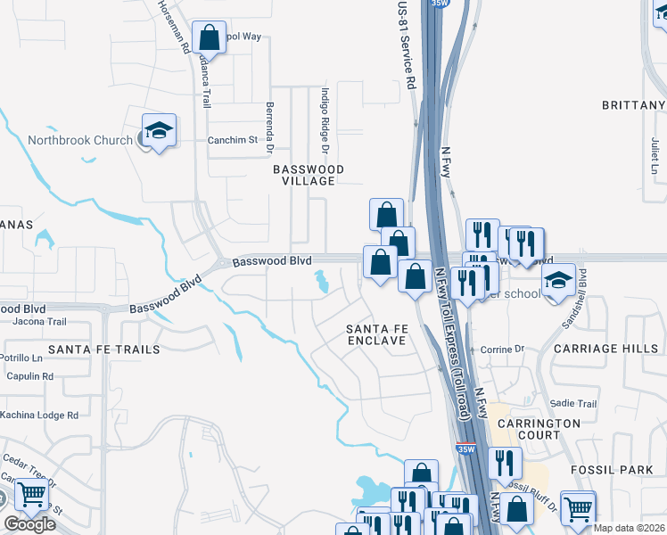 map of restaurants, bars, coffee shops, grocery stores, and more near 7399 San Diego Trail in Fort Worth