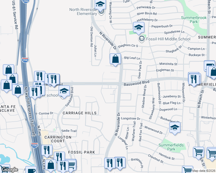 map of restaurants, bars, coffee shops, grocery stores, and more near 3600 Basswood Boulevard in Fort Worth