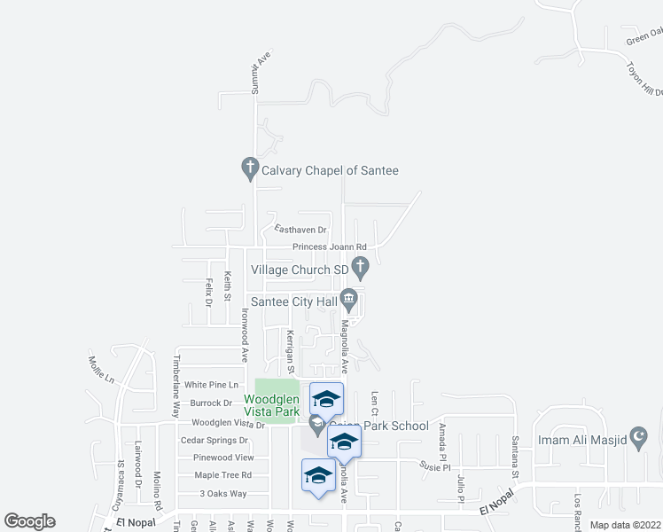map of restaurants, bars, coffee shops, grocery stores, and more near 10760 North Magnolia Avenue in Santee