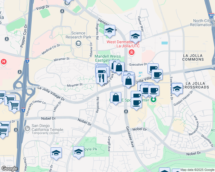 map of restaurants, bars, coffee shops, grocery stores, and more near 4130 Regents Park Row in San Diego