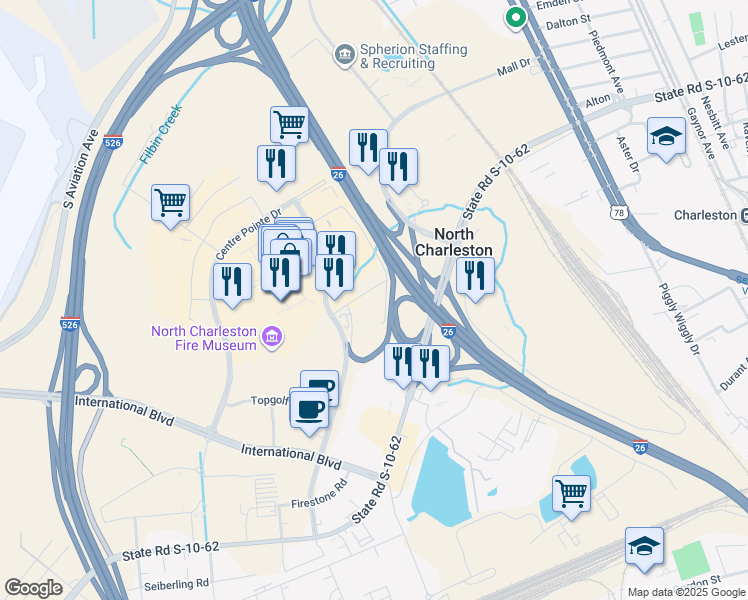 map of restaurants, bars, coffee shops, grocery stores, and more near 5045 North Arco Lane in North Charleston