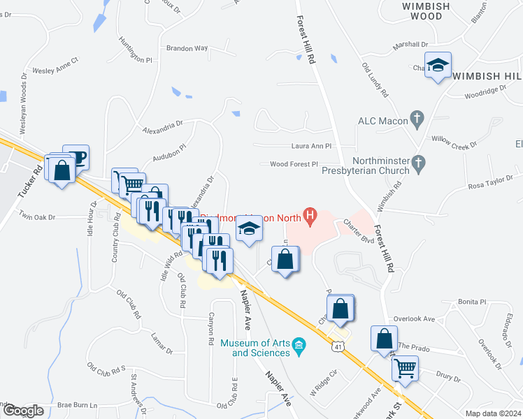 map of restaurants, bars, coffee shops, grocery stores, and more near 200 Charter Lane in Macon