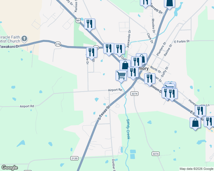 map of restaurants, bars, coffee shops, grocery stores, and more near 260 Airport Road in Emory