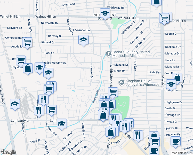 map of restaurants, bars, coffee shops, grocery stores, and more near 3211 Chapel Creek Drive in Dallas