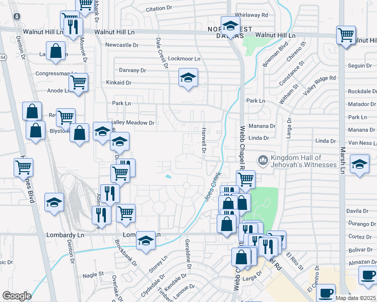 map of restaurants, bars, coffee shops, grocery stores, and more near 9815 Harwell Drive in Dallas