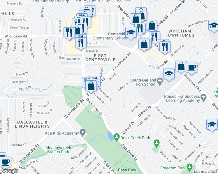 map of restaurants, bars, coffee shops, grocery stores, and more near 3702 Tulane Circle in Garland