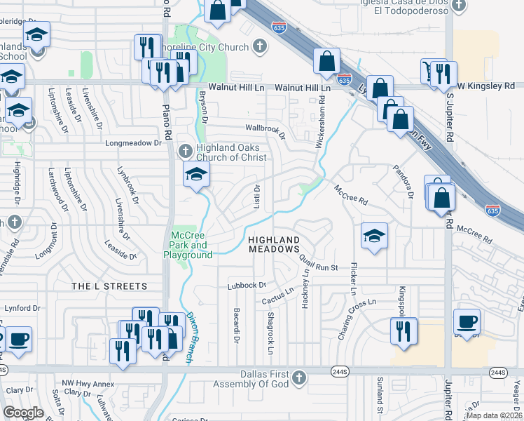 map of restaurants, bars, coffee shops, grocery stores, and more near 11002 Listi Drive in Dallas