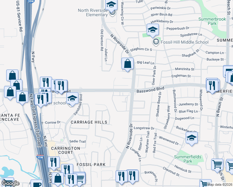 map of restaurants, bars, coffee shops, grocery stores, and more near 3501 Meares Drive in Fort Worth