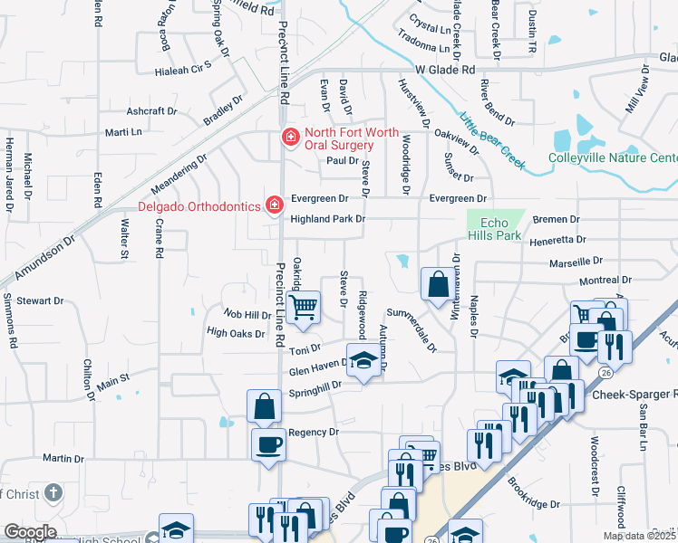map of restaurants, bars, coffee shops, grocery stores, and more near 765 Ridgewood Circle in Hurst