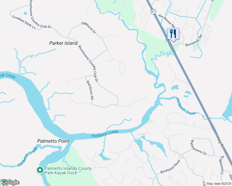 map of restaurants, bars, coffee shops, grocery stores, and more near 1521 Rivertowne Country Club Drive in Mount Pleasant