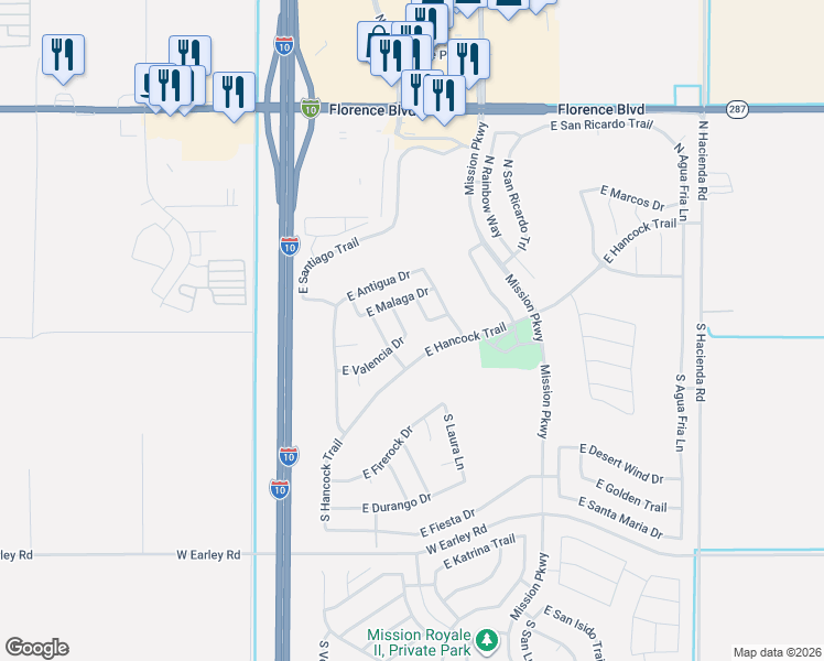 map of restaurants, bars, coffee shops, grocery stores, and more near 37 Pamplona Lane in Casa Grande