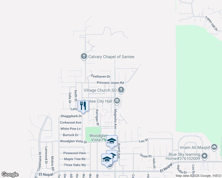 map of restaurants, bars, coffee shops, grocery stores, and more near 10760 Magnolia Avenue in Santee