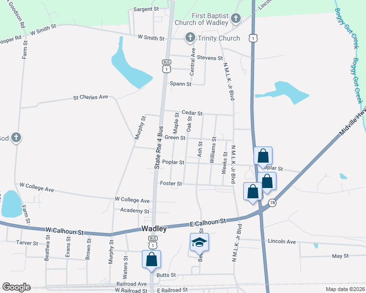map of restaurants, bars, coffee shops, grocery stores, and more near 442 Maple Street in Wadley