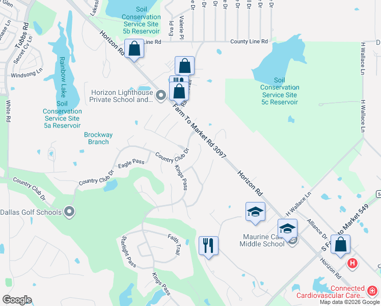 map of restaurants, bars, coffee shops, grocery stores, and more near 906 Country Club Drive in Heath
