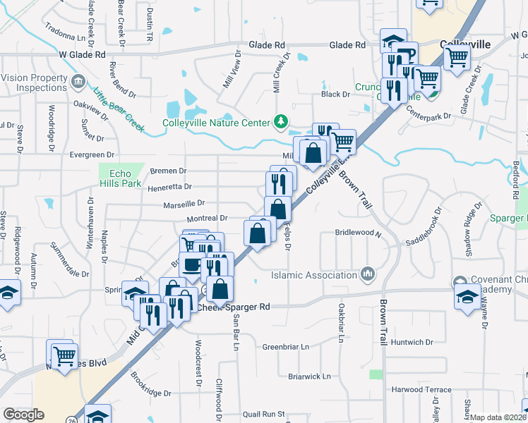 map of restaurants, bars, coffee shops, grocery stores, and more near 101 Montreal Drive in Hurst