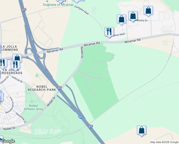 map of restaurants, bars, coffee shops, grocery stores, and more near 5795 Nobel Drive in San Diego