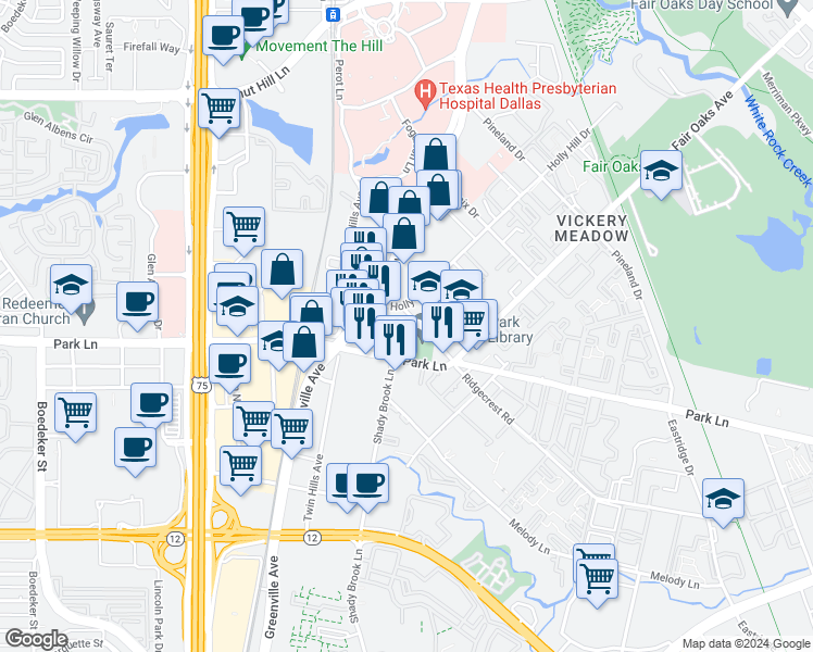 map of restaurants, bars, coffee shops, grocery stores, and more near 5814 Ridgecrest Road in Dallas