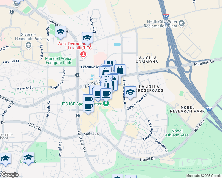 map of restaurants, bars, coffee shops, grocery stores, and more near 4577 La Jolla Village Dr in San Diego