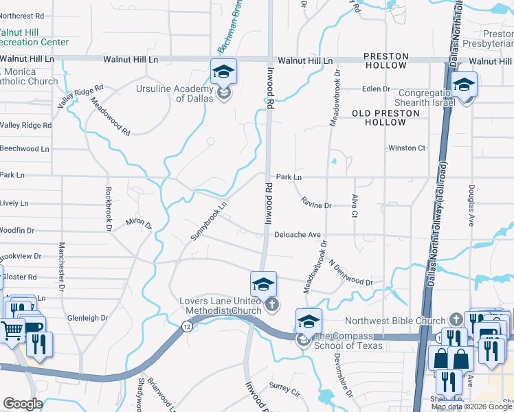map of restaurants, bars, coffee shops, grocery stores, and more near 9505 Inwood Road in Dallas
