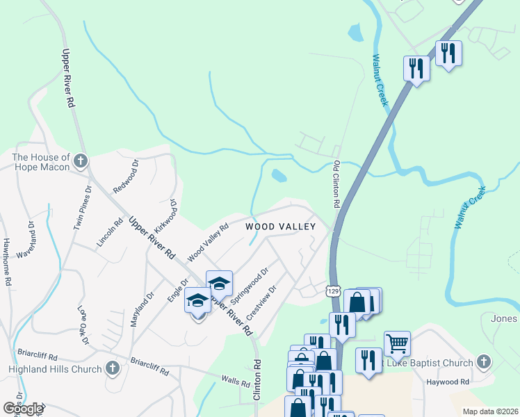 map of restaurants, bars, coffee shops, grocery stores, and more near 1910 Wood Valley Road in Macon