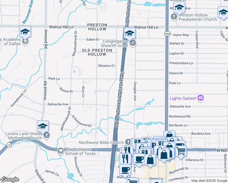 map of restaurants, bars, coffee shops, grocery stores, and more near 9446 Hathaway Street in Dallas