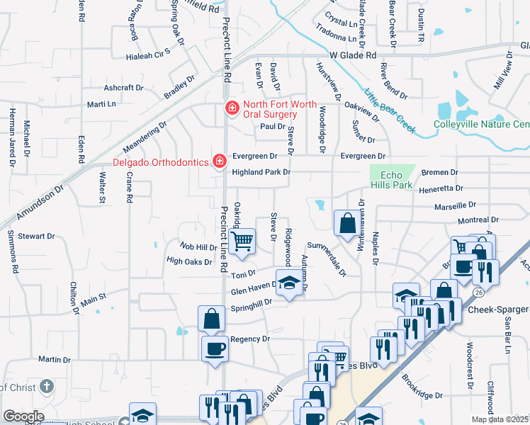 map of restaurants, bars, coffee shops, grocery stores, and more near 765 Ridgewood Circle in Hurst