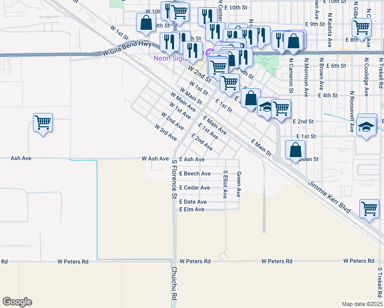 map of restaurants, bars, coffee shops, grocery stores, and more near 209 East 3rd Avenue in Casa Grande