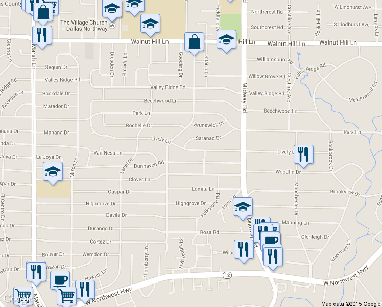 map of restaurants, bars, coffee shops, grocery stores, and more near 4112 Lively Lane in Dallas