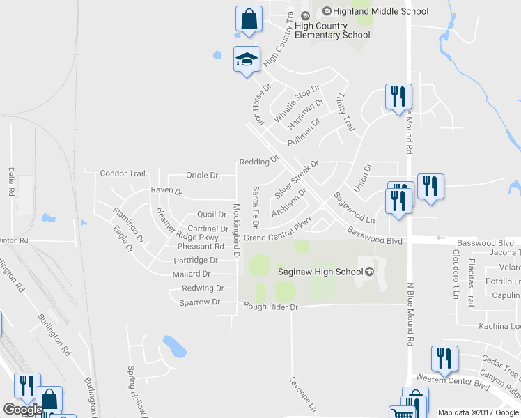 map of restaurants, bars, coffee shops, grocery stores, and more near 911 Santa Fe Drive in Saginaw