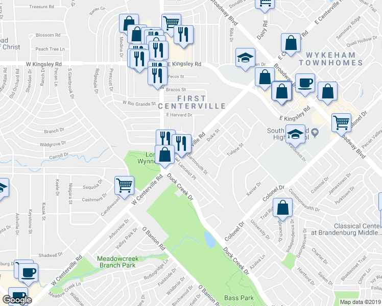 map of restaurants, bars, coffee shops, grocery stores, and more near 201 Duke Street in Garland