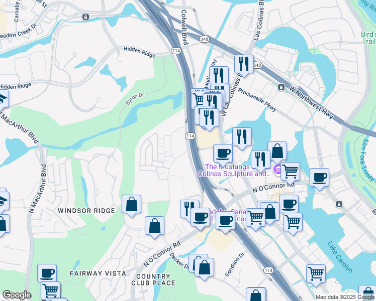 map of restaurants, bars, coffee shops, grocery stores, and more near 200 West John W Carpenter Freeway in Irving