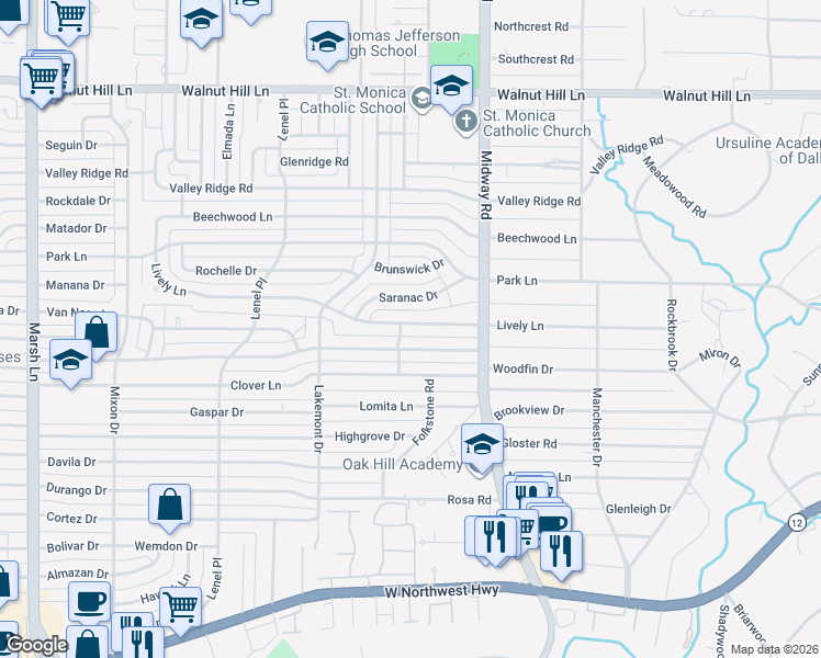 map of restaurants, bars, coffee shops, grocery stores, and more near 4144 Lively Lane in Dallas