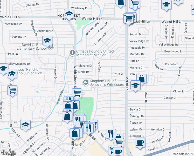map of restaurants, bars, coffee shops, grocery stores, and more near 9739 Larga Drive in Dallas