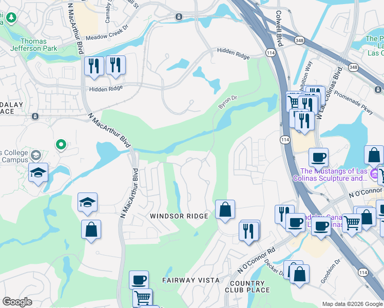 map of restaurants, bars, coffee shops, grocery stores, and more near 4612 Byron Circle in Irving