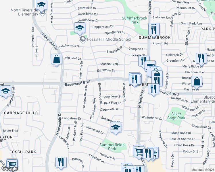map of restaurants, bars, coffee shops, grocery stores, and more near 7308 Bristlecone Court in Fort Worth