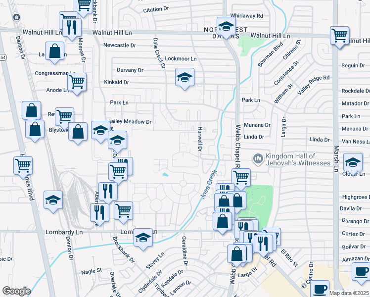 map of restaurants, bars, coffee shops, grocery stores, and more near 3109 Chapel Creek Drive in Dallas