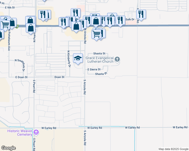 map of restaurants, bars, coffee shops, grocery stores, and more near 1737 Shasta Street in Casa Grande