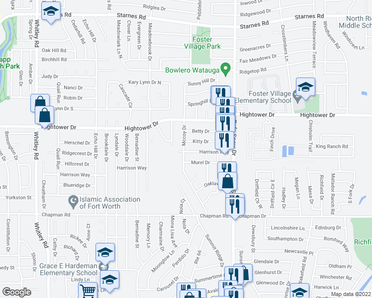 map of restaurants, bars, coffee shops, grocery stores, and more near 6601 Harrison Way in Watauga