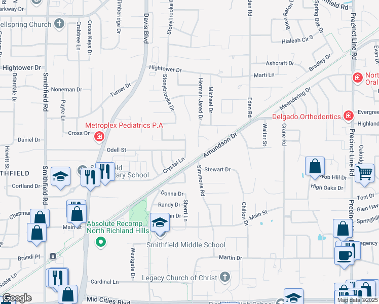 map of restaurants, bars, coffee shops, grocery stores, and more near 6904 Crystal Lane in North Richland Hills