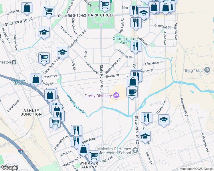 map of restaurants, bars, coffee shops, grocery stores, and more near 4250 South Rhett Avenue in North Charleston