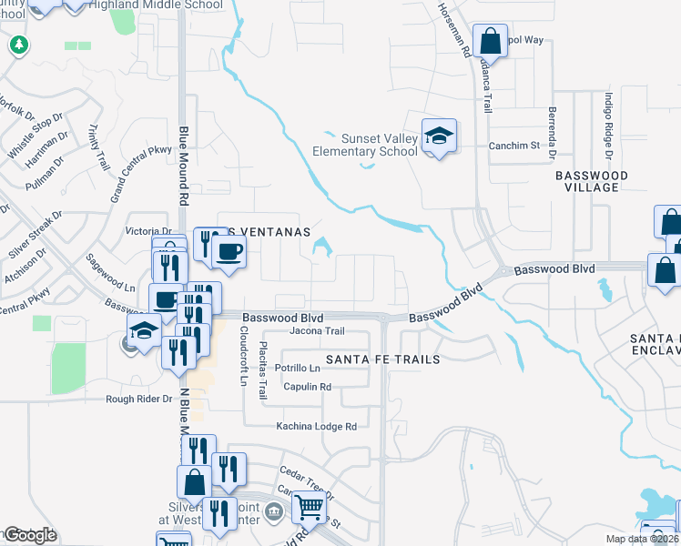 map of restaurants, bars, coffee shops, grocery stores, and more near 1840 Rio Costilla Road in Fort Worth
