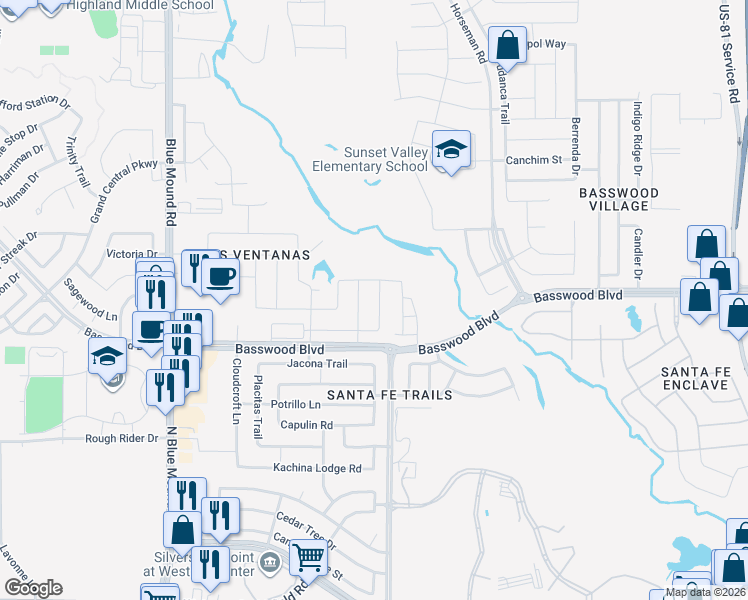 map of restaurants, bars, coffee shops, grocery stores, and more near 1957 Arroyo Verde Trail in Fort Worth