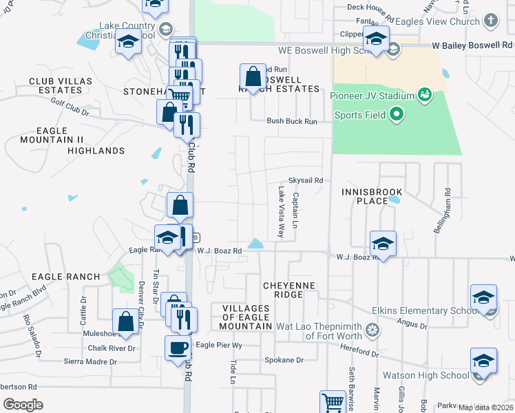 map of restaurants, bars, coffee shops, grocery stores, and more near 7524 Gangway Dr in Fort Worth